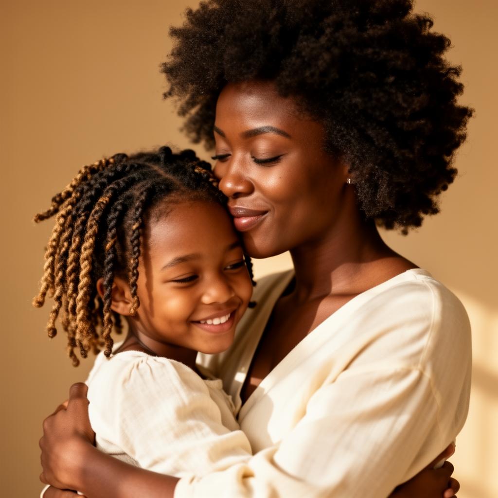 A mother embracing her daughter, both with beautiful natural hair